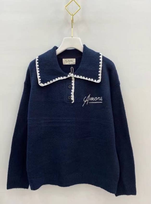 KY CREATION PARIS – wholesale Knitted jumper – Women′s – Polo neck sweater with Amore embroidery1