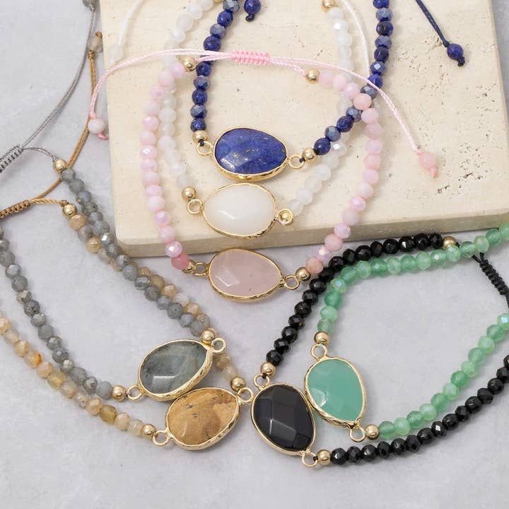 Faceted Semi Precious Oval Stone Charm Beaded Cord Bracelet for wholesale by The Looks by Fame Accessories