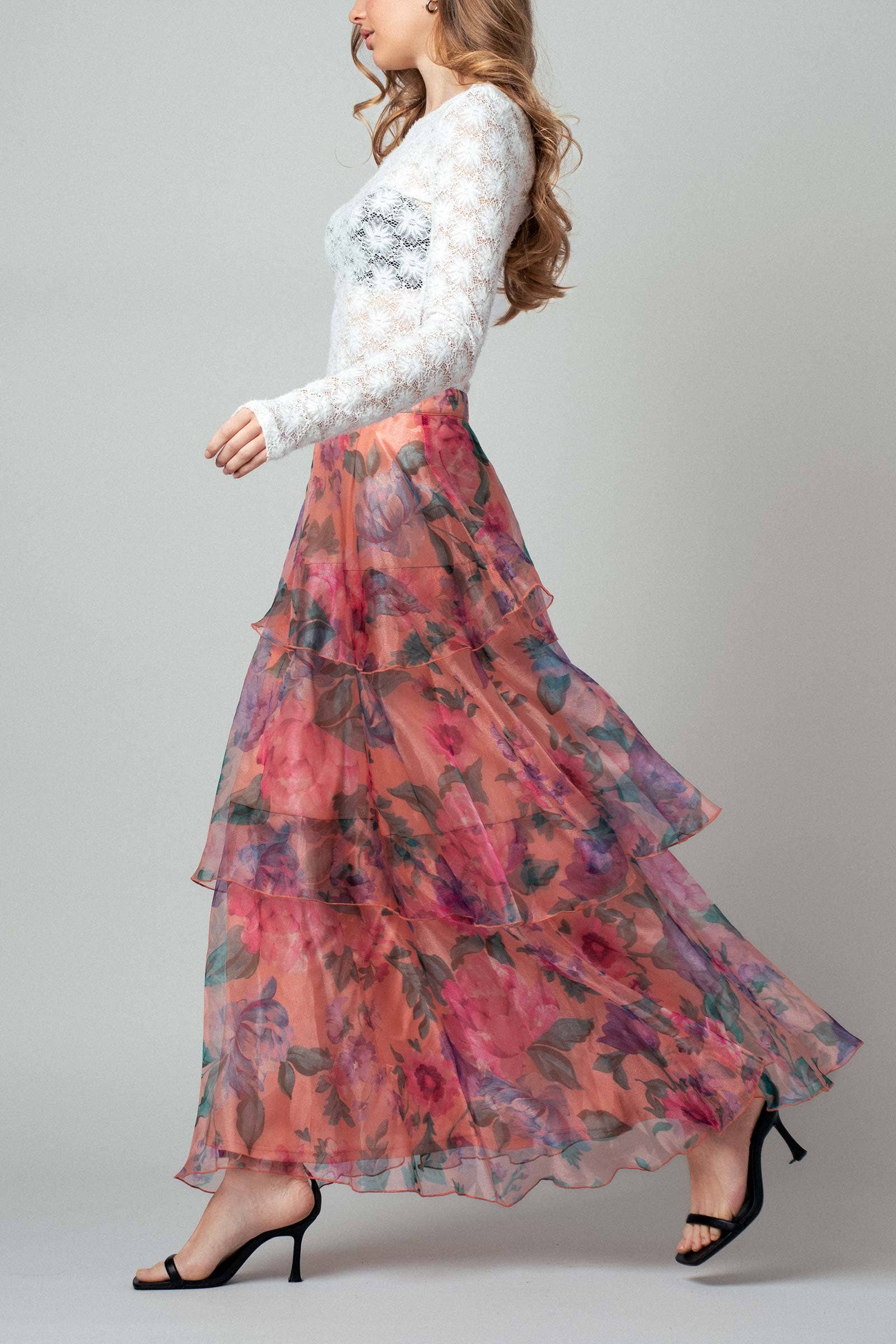 PEACH MULTI Sheer Floral Print Tiered Organza Maxi Skirt for wholesale on Faire8