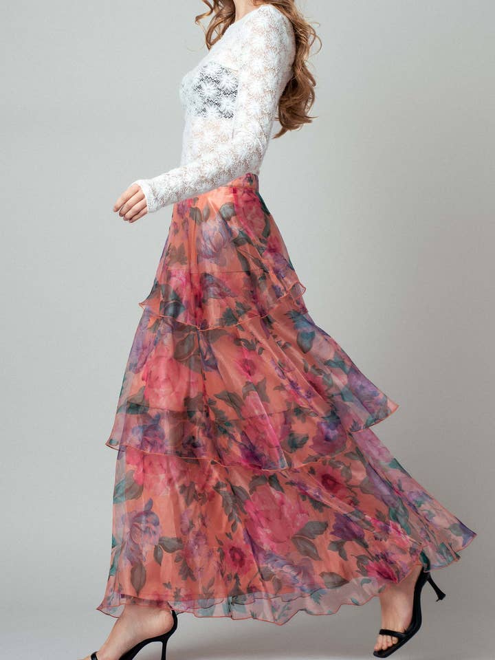 PEACH MULTI Sheer Floral Print Tiered Organza Maxi Skirt for wholesale on Faire8