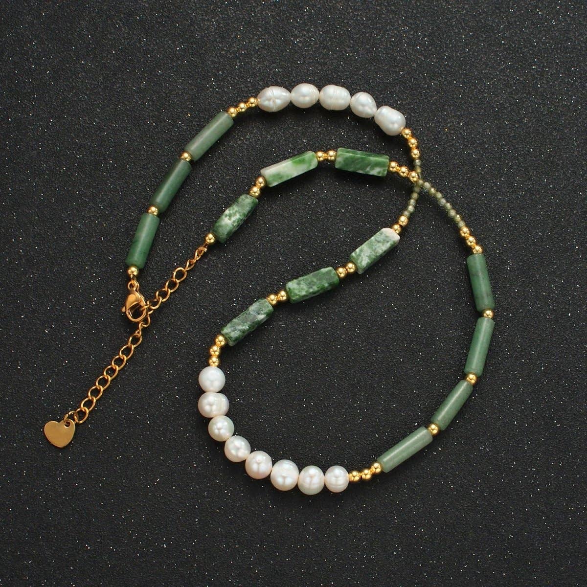 Aim Eternal - Wholesale Beaded/Pearl Necklace - Handmade Green Jade Bead Chain Necklace with Freshwater Pearl 15.55 Inch with Extender | WA25843