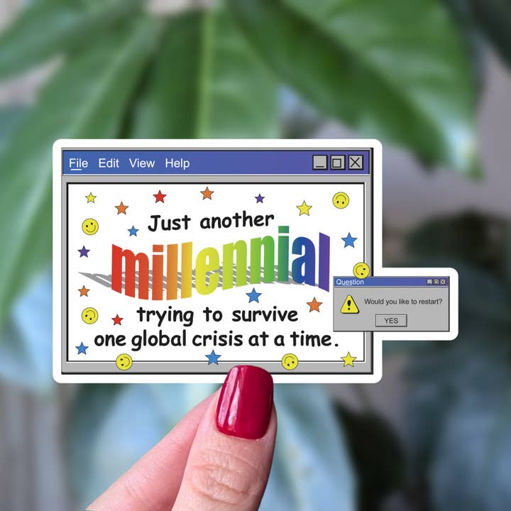 Millennial Humor Sticker, One Global Crisis at a Time for wholesale by Moonlit Creations