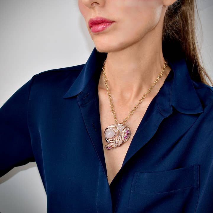 Collana con ciondolo in argento 925, 14 carati, in calcedonio rosa, rosa di Francia per la vendita all'ingrosso da parte di GemDiggers