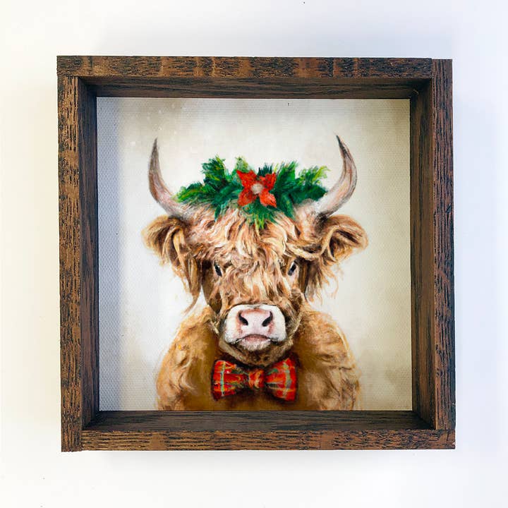 Hangout Home - Wholesale Christmas Wall Art - Highland Cow in Christmas Wreath Holiday Farm Small Decor