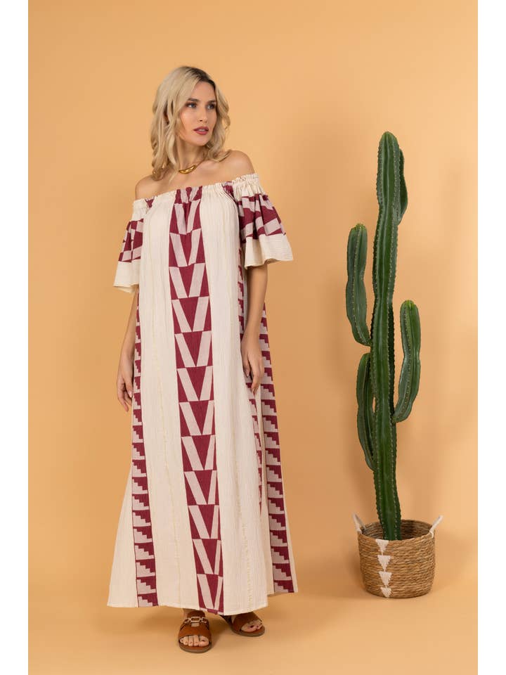 FAME GREECE – Großhandel Kleid – Damen – F-139 MYKONOS - Gewebtes Kleid aus Baumwoll-Jacquard mit kurzen Ärmeln3