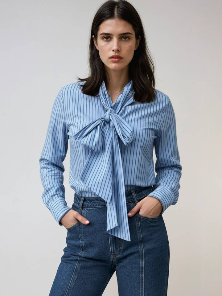 Lily Stripe Bow Shirt - Blue for wholesale by Libby Loves