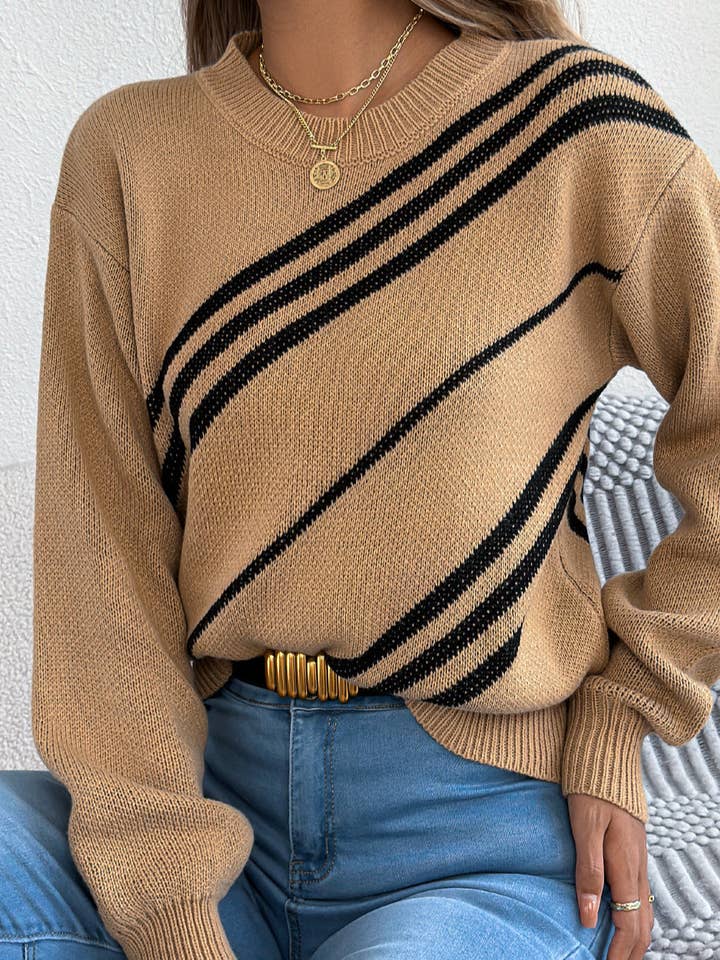 Svelte Seduction - Wholesale Knitted jumper – Women′s - Women Clothing Autumn Winter Casual Striped round Neck Lantern Long Sleeve Pullover3