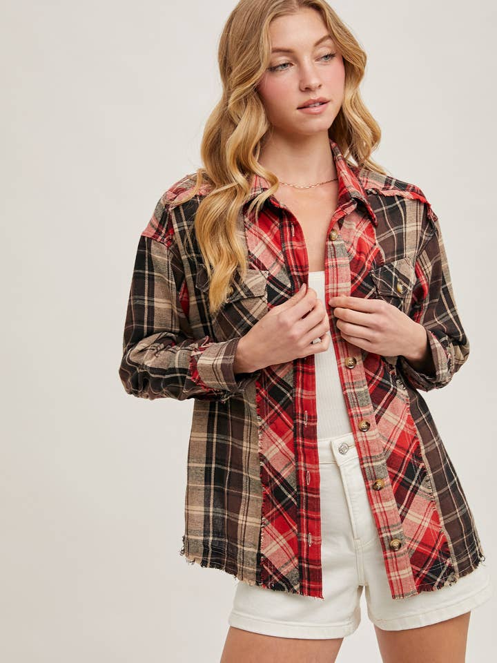 Bluivy - Wholesale Button Down Shirt - Women's - DISTRESSED HEM BUTTON DOWN PLAID SHIRT - 4TH OF JULY11