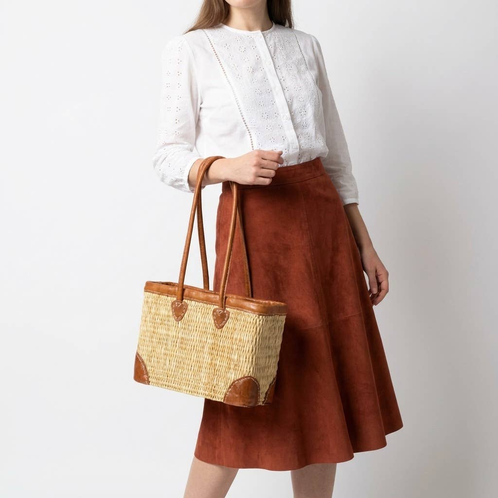 Melecraft - Vente Paniers - Panier de marché en roseau tissé de luxe avec garniture en cuir14