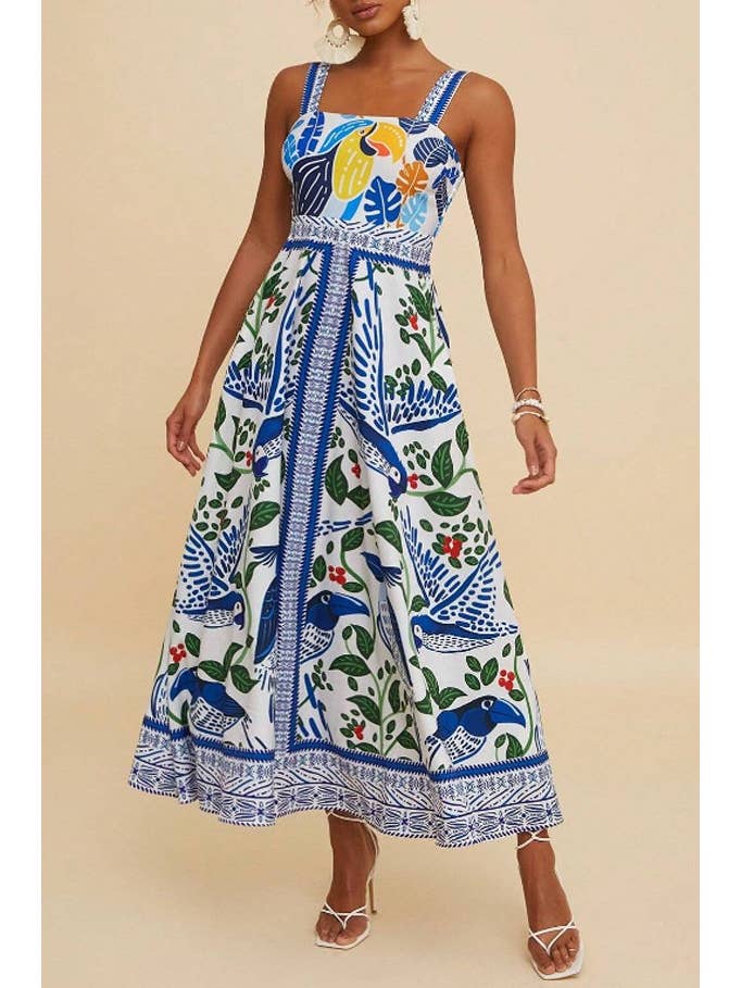Boho Tropical Birdie Blue floral print strappy flare dress for wholesale on Faire