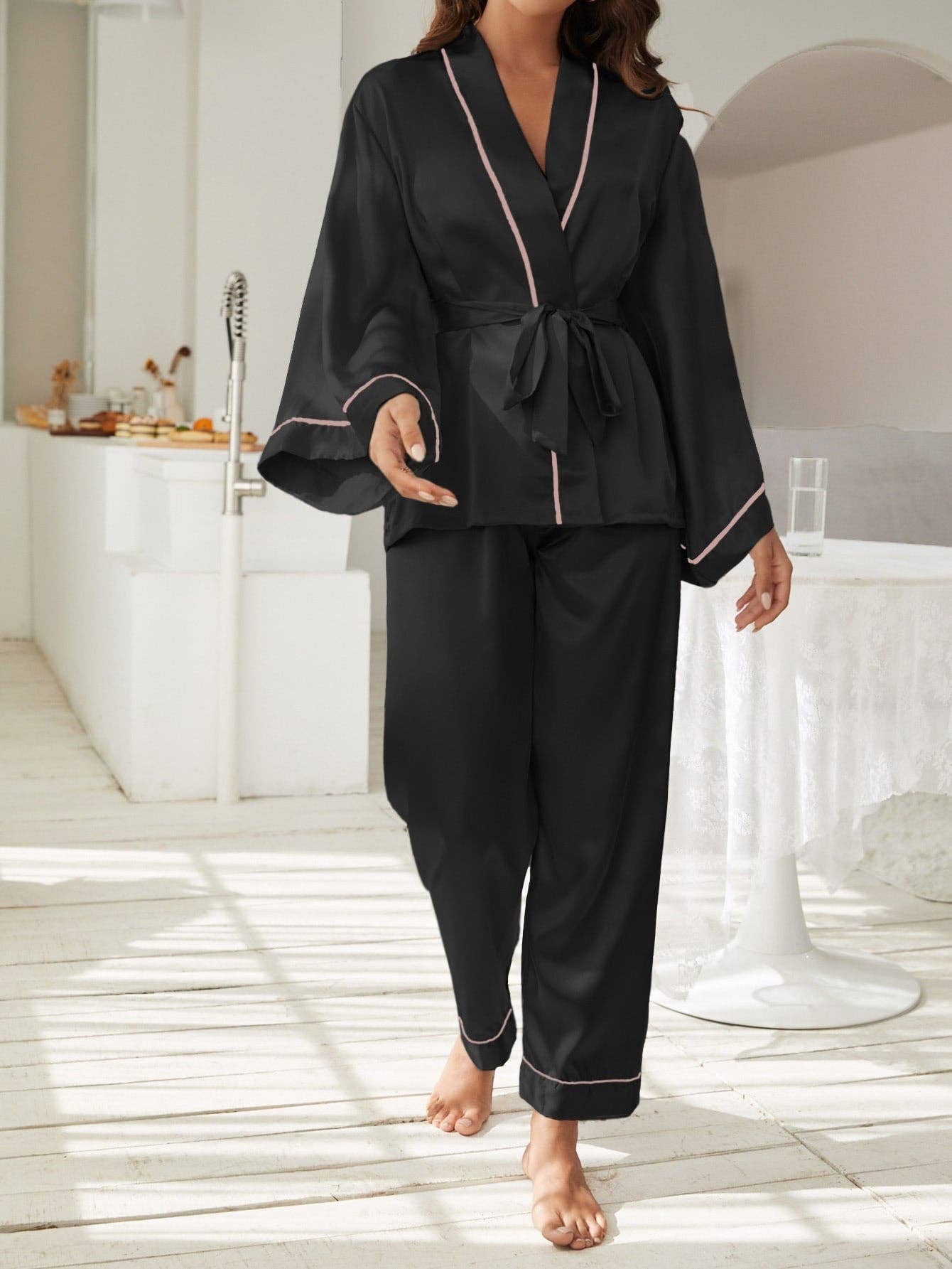 Wholesale Contrast Piping Robe Top and Pajama for your store - Faire