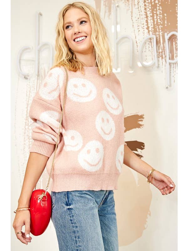 Pink Irene Wholesale - Vendita all'ingrosso Maglione tricot - Donna - MAGLIONE CON MOTIVO A VOLTO SORRIDENTE2