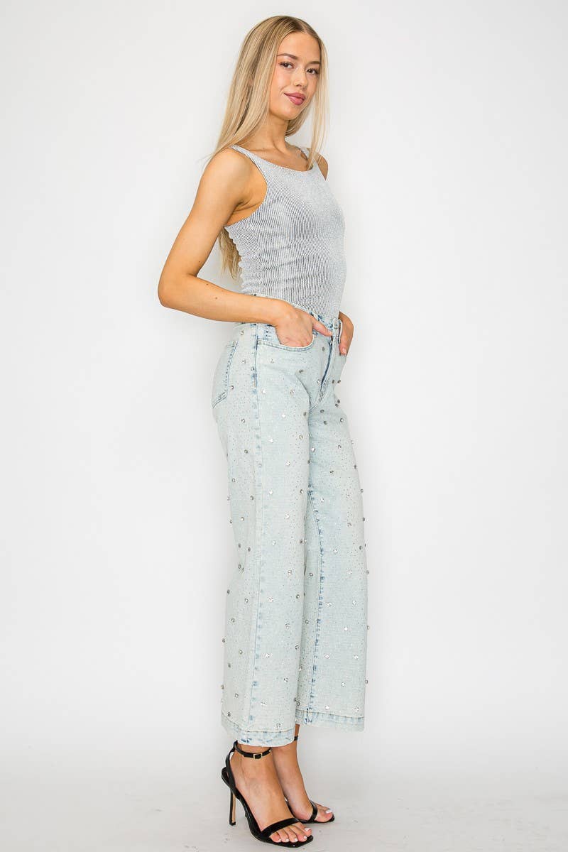 ARTEMIS VINTAGE - Vendita all'ingrosso Jeans - Donna - JEANS PALAZZO CORTI A VITA ALTA CON GIOIELLI APPLICATI3