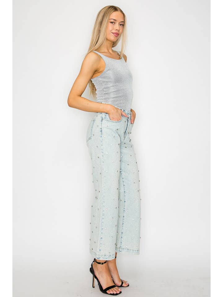 ARTEMIS VINTAGE - Vendita all'ingrosso Jeans - Donna - JEANS PALAZZO CORTI A VITA ALTA CON GIOIELLI APPLICATI3