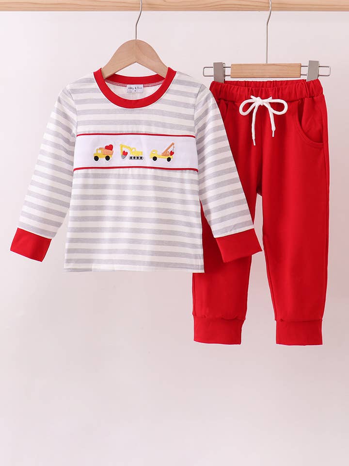 Red stripe construction embroidery pants set for wholesale by Mom & Co.