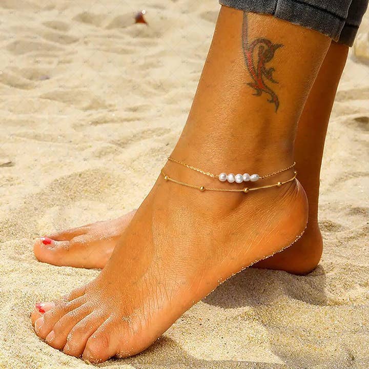 S925 Silver 14k Gold Plated Baroque Pearl Double Layer Ankle for wholesale by Gioiellin - S925 Silver Jewelry