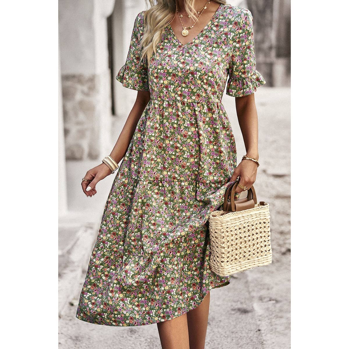 Supreme Fashion – wholesale Dress – Women's – Boho Floral Ruffle Hem V Neck Short Sleeve Dress20