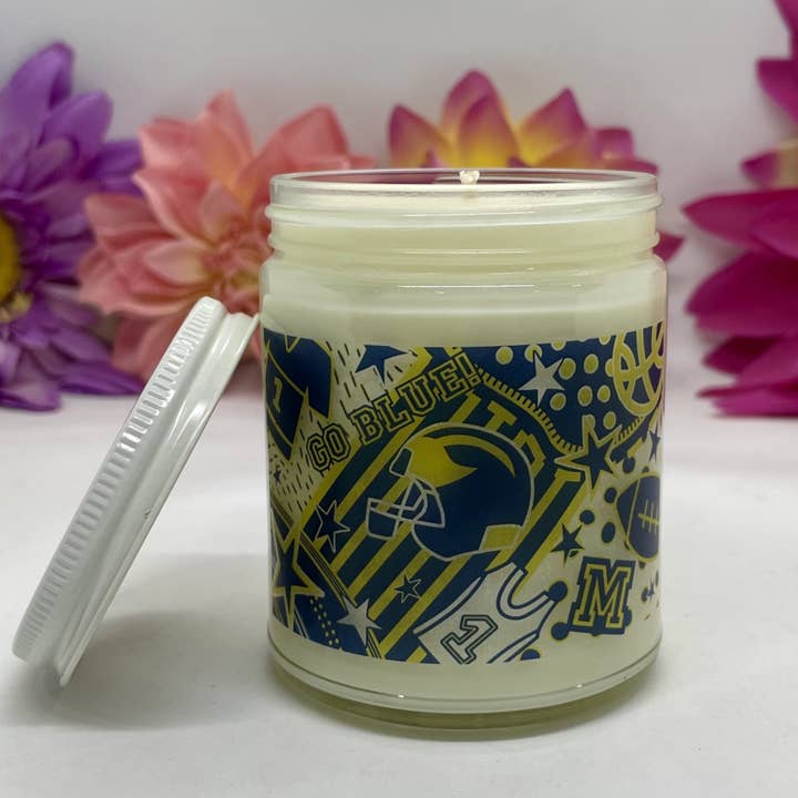 University of Michigan-8oz Soy Candle-Sports-Maize + Blue for wholesale by Jamcat Candles