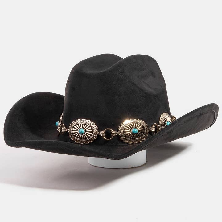 Collections by Fame Accessories - Venta al por mayor Sombrero cowboy - Mujer - Sombrero vaquero occidental con cinturón de tachuelas turquesa y concho
