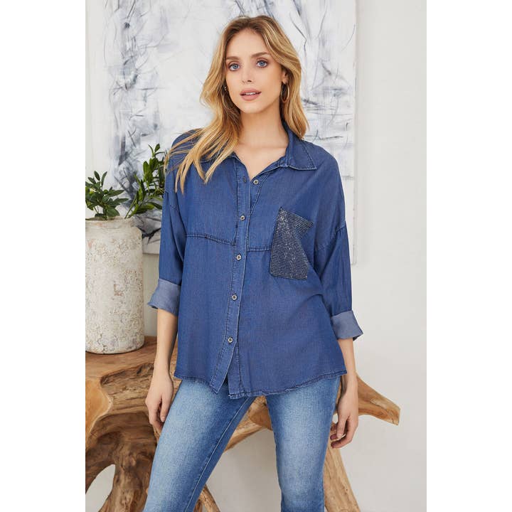 BUTTON DOWN LONG SLEEVE SHIRTS WITH LARGE SEQUIN(80549-DNB) for wholesale by VENTI6