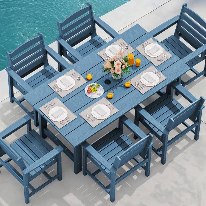7 Piece Patio Dining Set Outdoor HDPE Table Blue Chairs for wholesale by ShipItFurniture