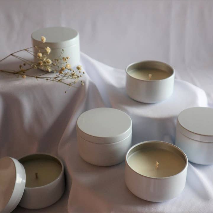 Augustine & Co - Wholesale Travel Candles - Sample, white tins candles (2oz, No labels)