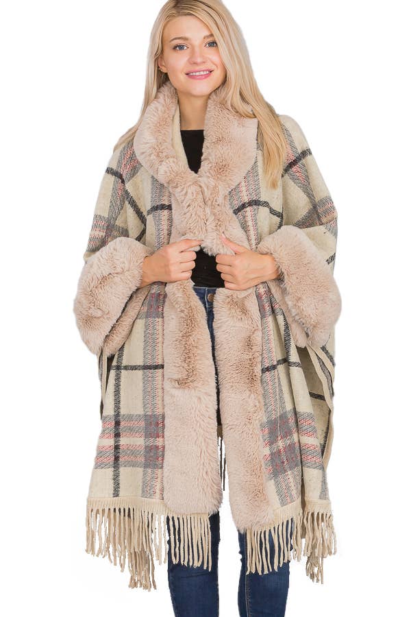 Grigio Poncho con cappuccio Ruana a silhouette aperta in stile eschimese scozzese in vendita all'ingrosso su Faire2