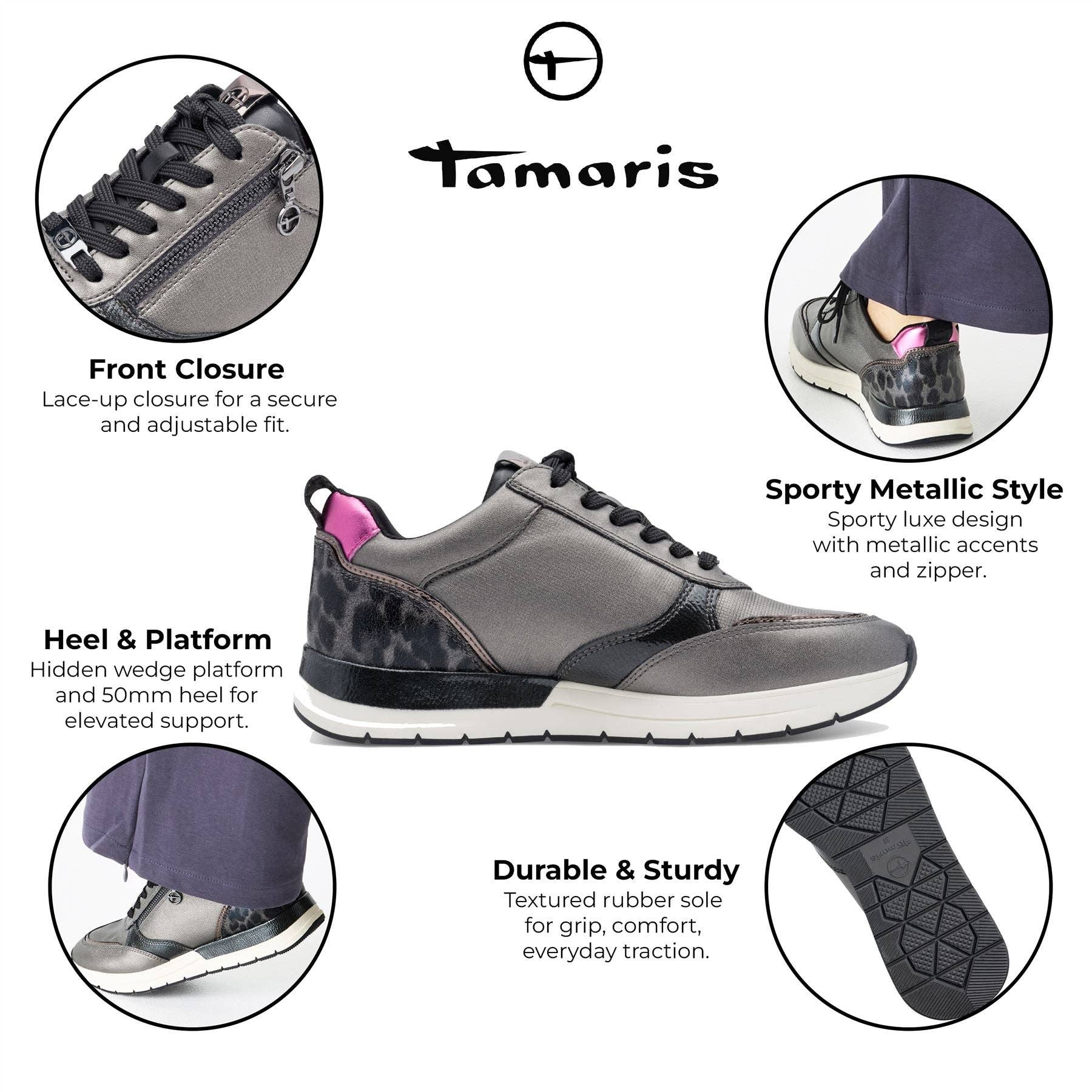 Tamaris Womens Pewter Silver Pink Fashion Lace-up Zipped Sneakers Trainers for wholesale on Faire1