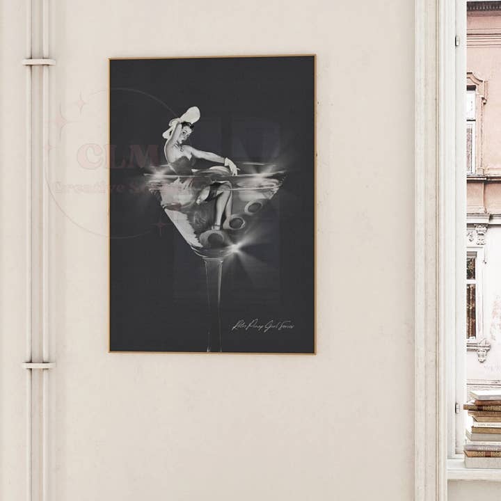 CLM Creative Studio - Wholesale Art Print - Retro Pinup Girl & Martini Glass Monotone Wall Art Print
