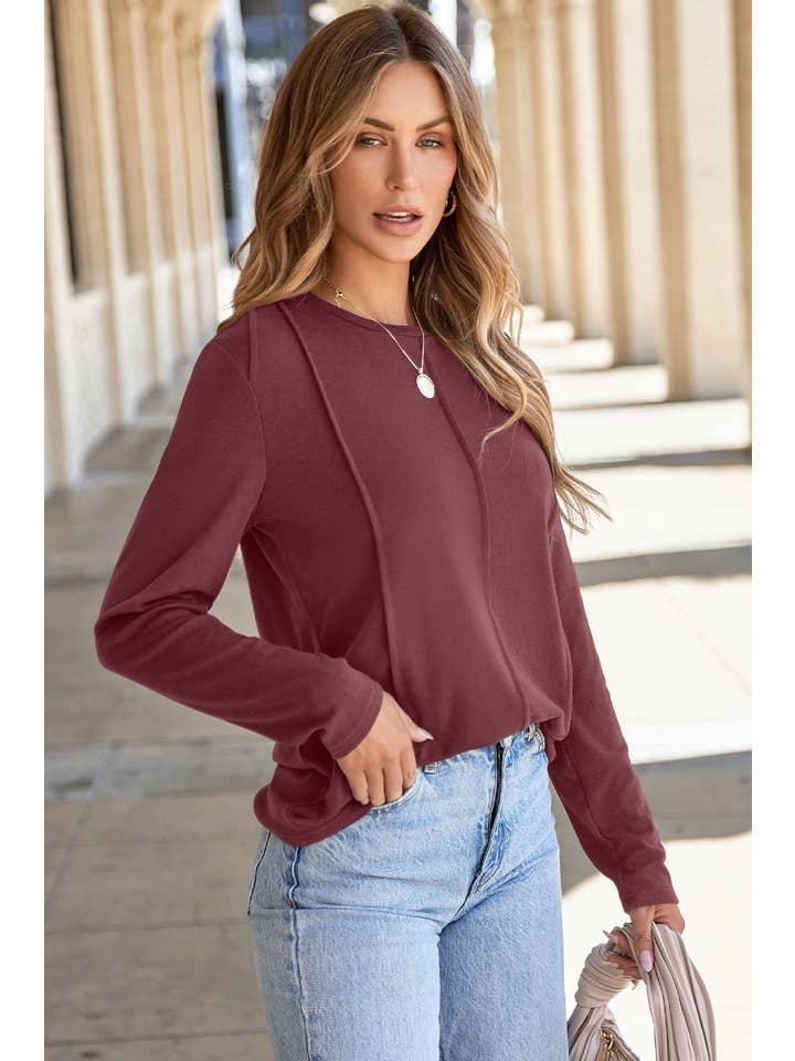 PRETTY BASH - Wholesale Knit Top - Women's - Solid Reverse Seam Crew Neck Long Sleeve Top35