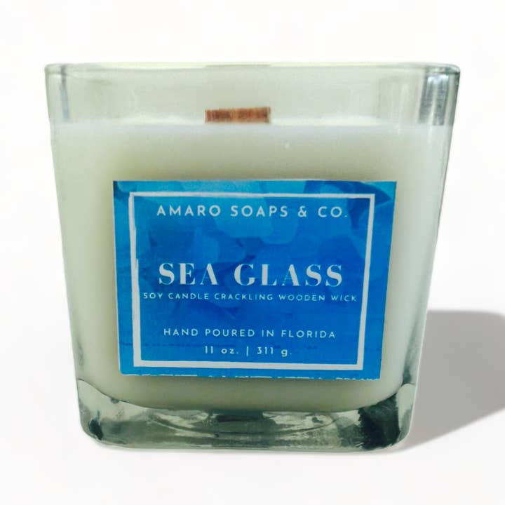 Vela de soja con mecha de madera Sea Glass para venta al por mayor de Amaro Soaps & Co.