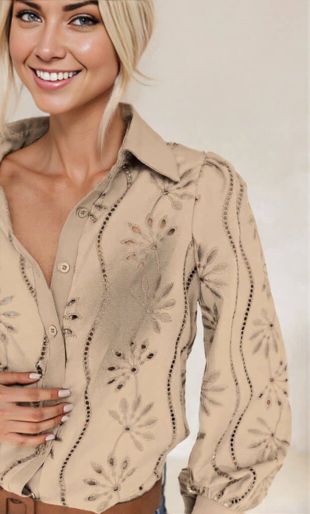 Anna Kaci Wholesale - Vente Chemise à col boutonné – femme - Blouse à manches longues boutonnée en broderie anglaise2