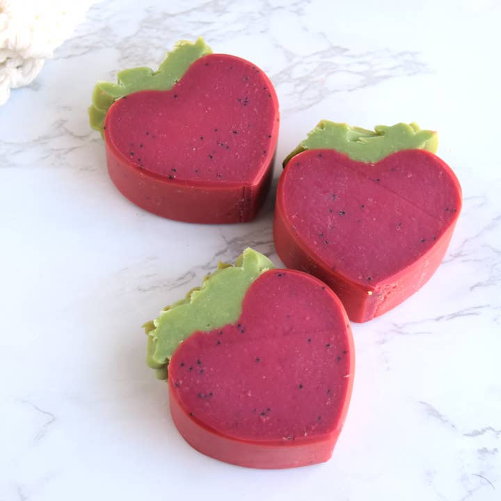 Strawberry Goat Milk Soap with poppyseed scrub for wholesale by The Sudsy Goat Soapery