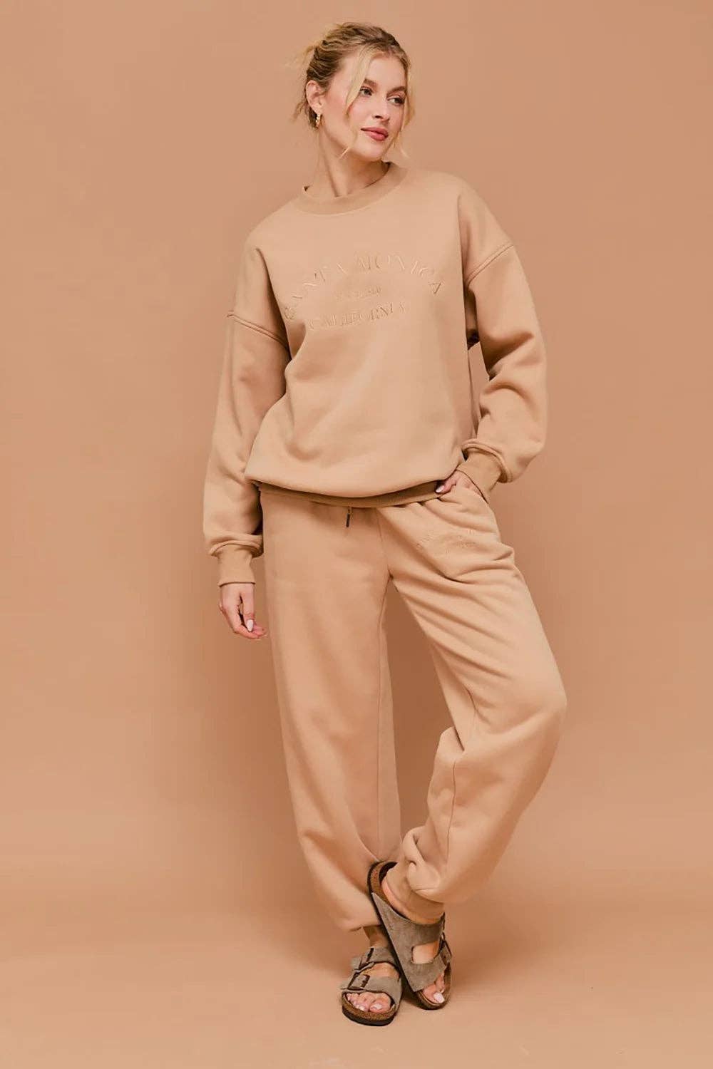 Beige "Santa Monica California" Embossed Graphic Elastic Waist Drawstring Joggers for wholesale on Faire4