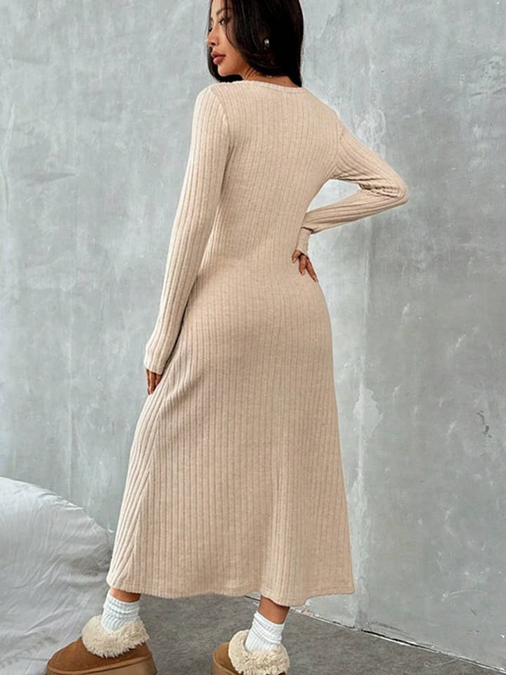 BEIGE CWDMD00981_ELEGANT SLIM-FIT V-NECK SOLID COLOR SWEATER DRESS for wholesale on Faire4