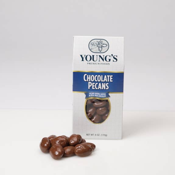 Double Dipped Chocolate Pecans 6 oz Box for wholesale by Young’s Premium Foods