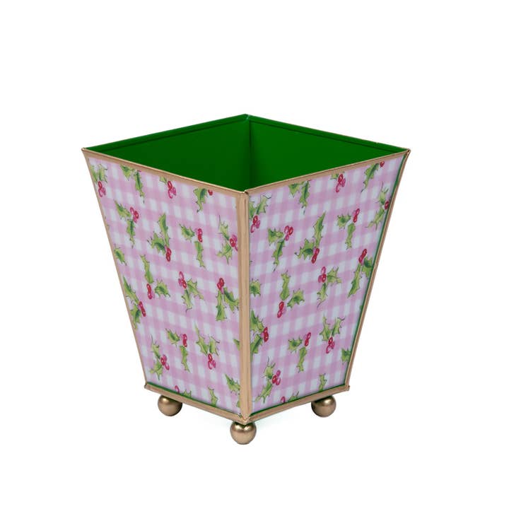Holly Berry Enameled Square Cachepot Planter for wholesale by Jaye's Studio