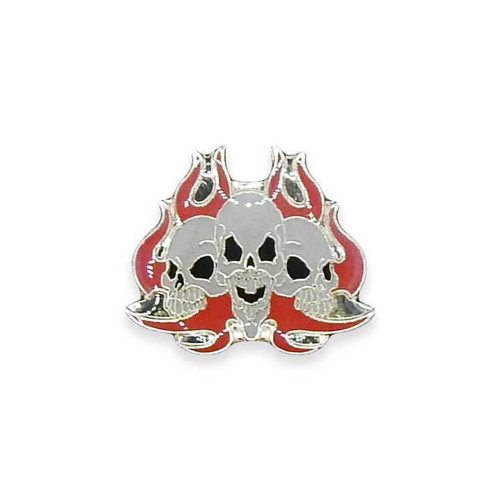 Vintage Tripple Flaming Skull Pin for wholesale by Hungry Ghost Press