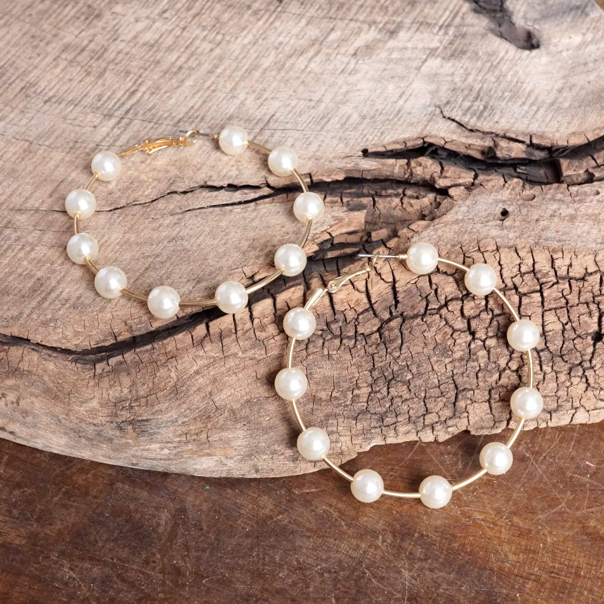 PennyLine inc - Wholesale Hoop Earrings - Large Golden Hoop Earrings with Pearls – 2.5" Drop5