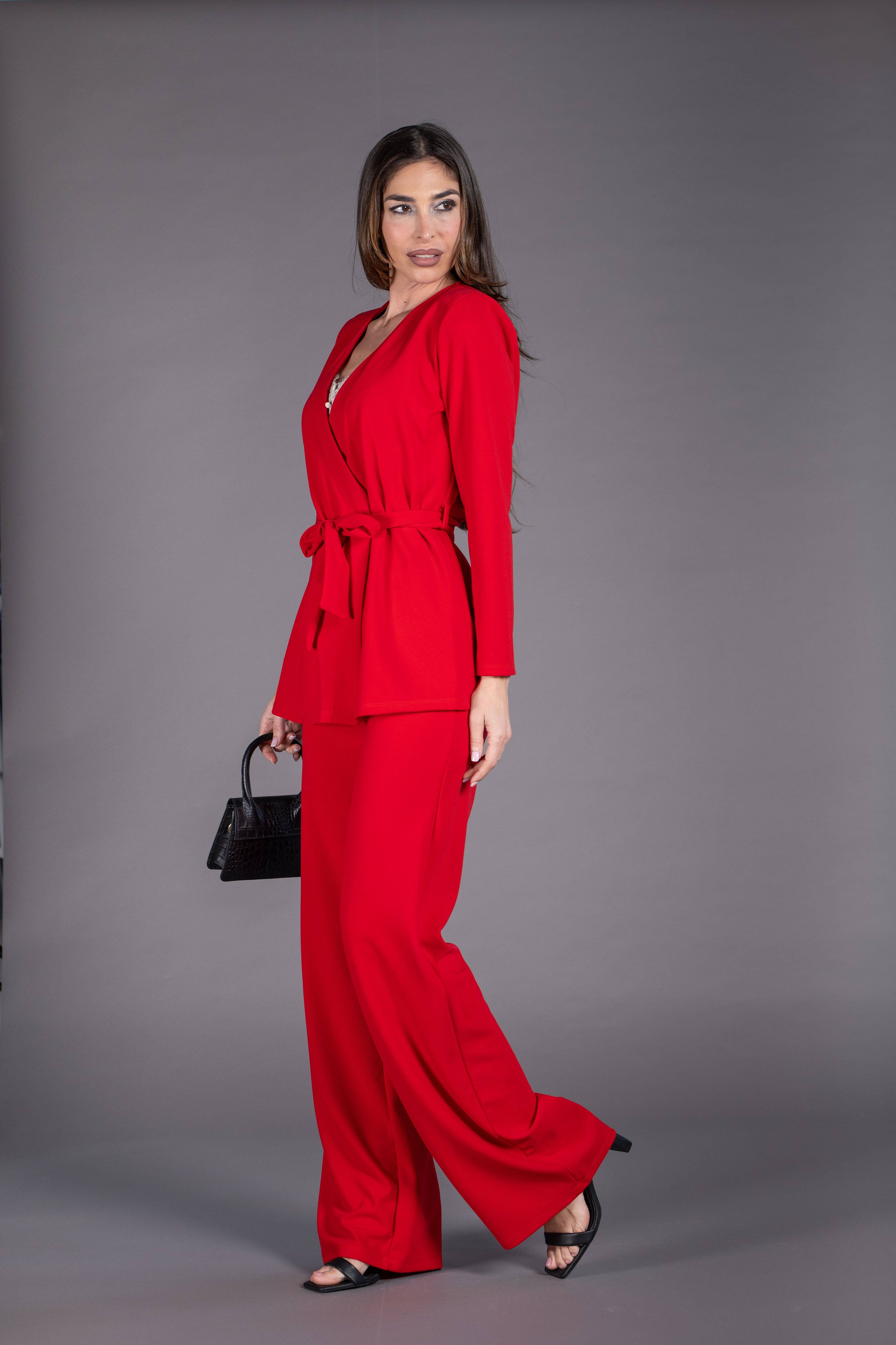 Julie d orleac - Wholesale Suit Set - Women's - Red belted double-breasted jacket and pantsuit1