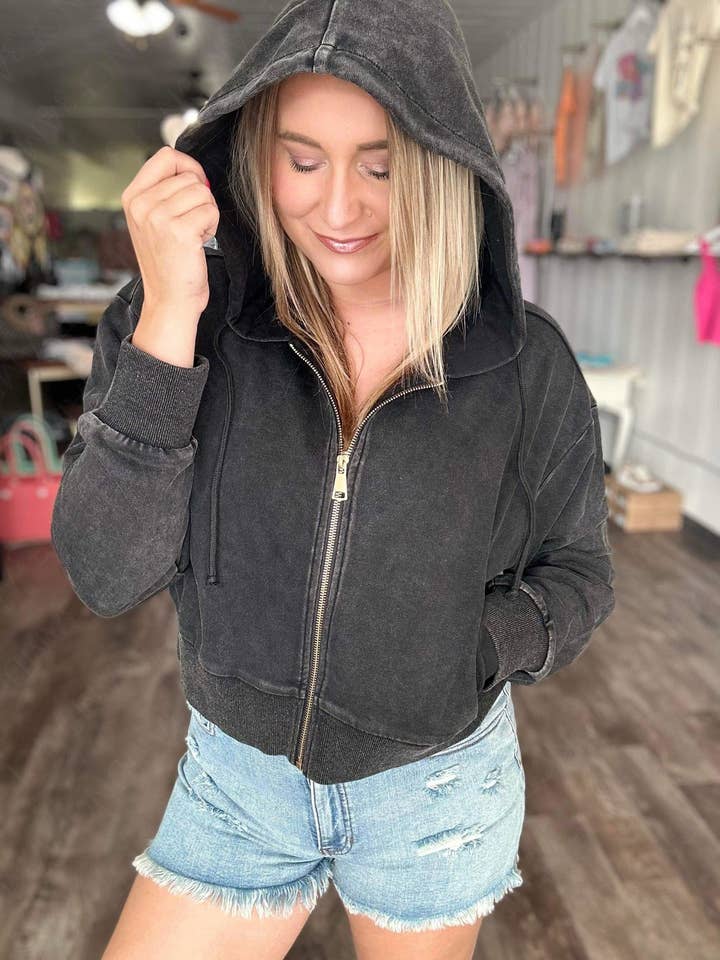 RTS: THE LAYLAH MINERAL WASHED CROP ZIP UP for wholesale by Forever3AM