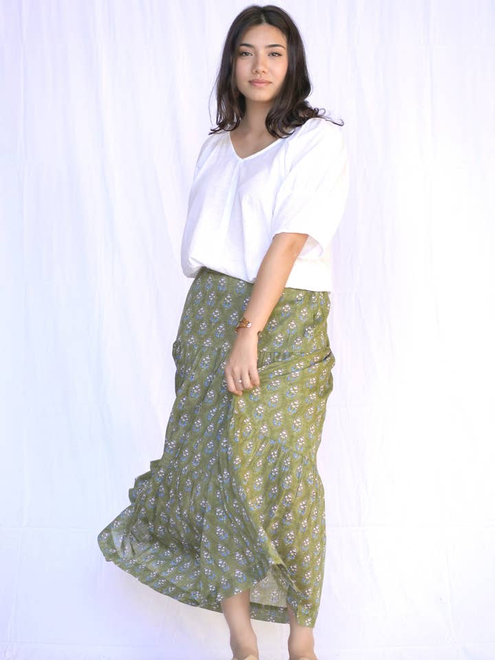 Tiered Cotton Skirt-Olive Multi for wholesale by Dolma