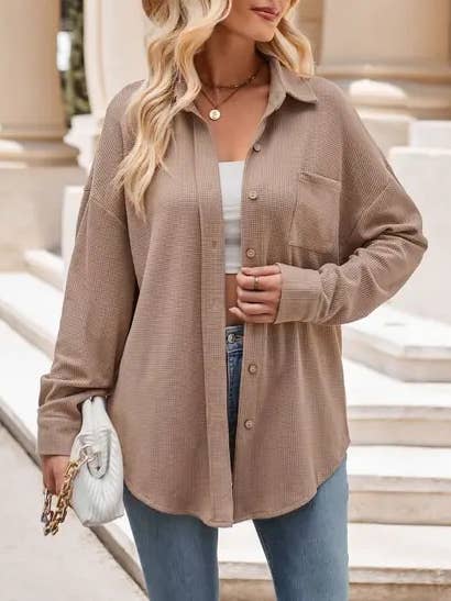 Lovesoft - Wholesale Button Down Shirt - Women's - Women's Casual Loose Pocket Waffle Fashion Shirt7