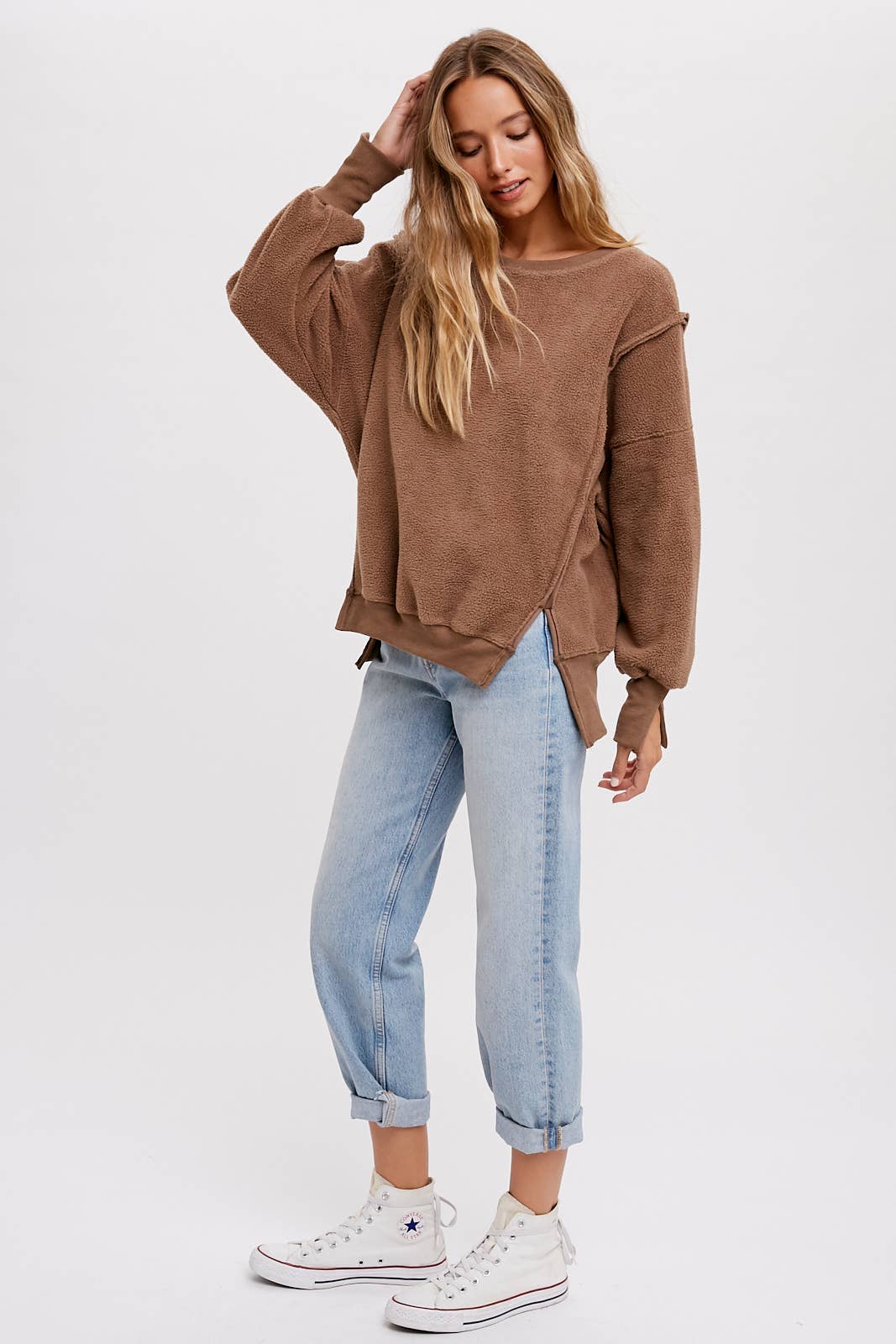 Peace Love Line – wholesale Sweatshirt - Dam – PL3896 - RUNDHALSAD TEDDYTRÖJA MED SLITSAR11