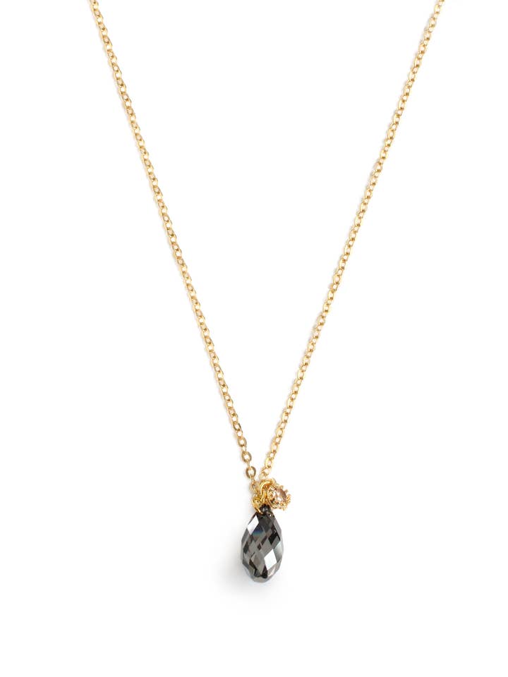 Short 18K gold plated necklace with a Black Diamond crystal for wholesale by DIGE DESIGNS
