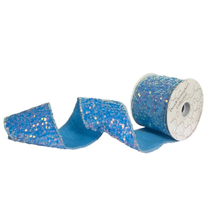 4"X10YD Blue Rainbow Sequin Embroidery On Blue Velvet Ribbon for wholesale by David Christopher's Collection