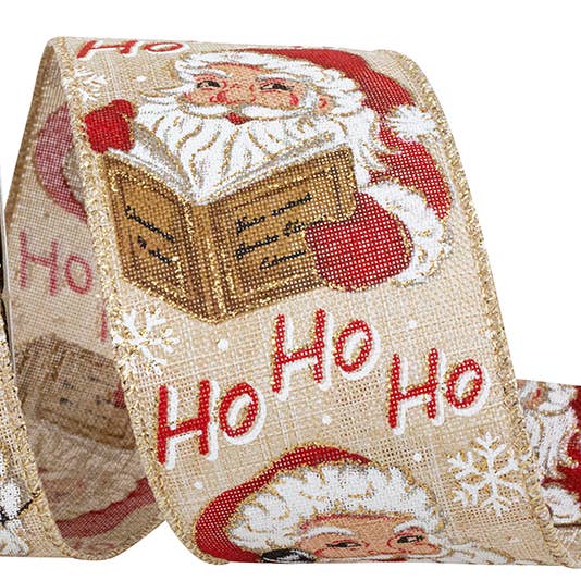 Santa Vintage Linen Hohoho Wired Edge, 2-1/2 In, 10 Yards for wholesale by RELIANT RIBBON