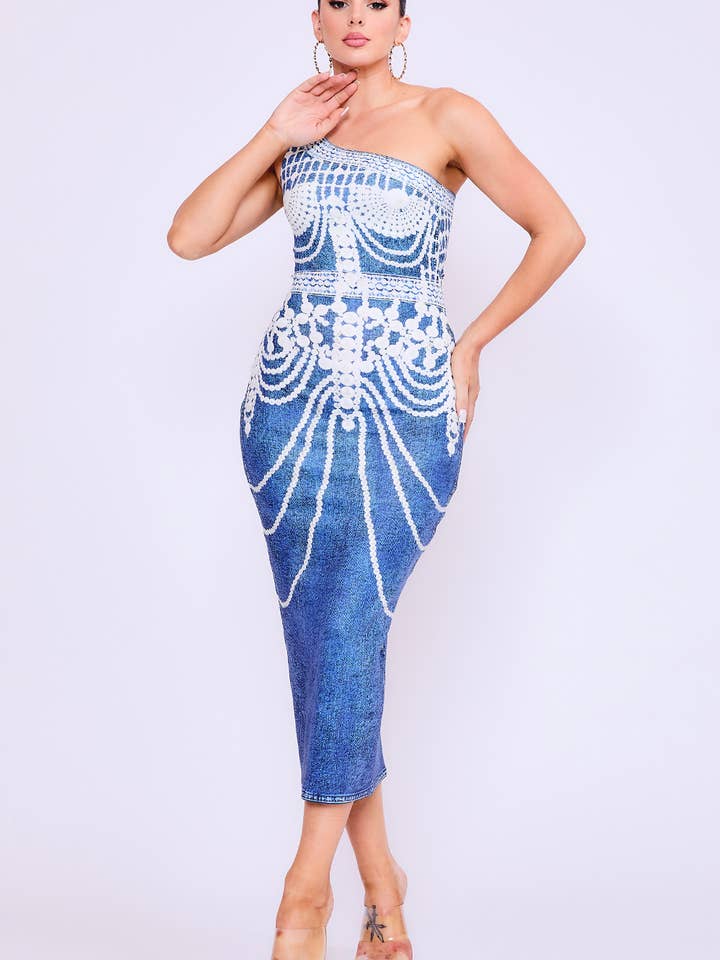 BD3689_One shoulder denim print dress for wholesale by Her Bottari