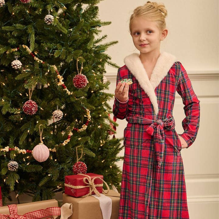 Sugar Bee Clothing – wholesale Robe – Kids – Mini Eleanor Fur Trimmed Robe - Tartan
