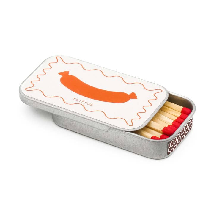 Boîte d’allumettes réutilisable en étain argenté « SAUSAGE » pour la vente par to:from